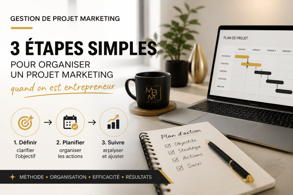 Illustration représentant la gestion de projet marketing avec un ordinateur, un plan d'action et les étapes essentielles pour organiser efficacement un projet entrepreneurial.