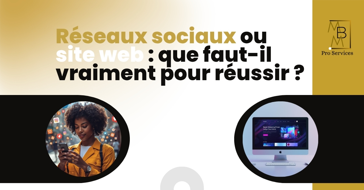 Illustration comparant l'utilisation des réseaux sociaux sur un smartphone et d'un site web professionnel sur un ordinateur pour développer la visibilité d'une entreprise.
